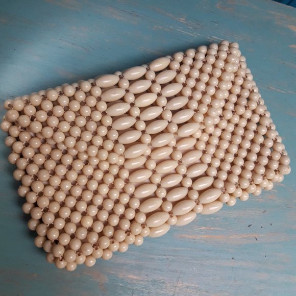 Vintage Beaded Clutch Bag Mini Zipper Closure Creamy Beige Round Oval Beads - Picture 4 of 12